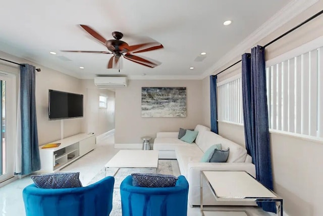 1760 Bel Air Ave, Lauderdale By The Sea, FL 33062 - living room featuring a wall mounted AC, a ceiling fan, recessed lighting, and ornamental molding