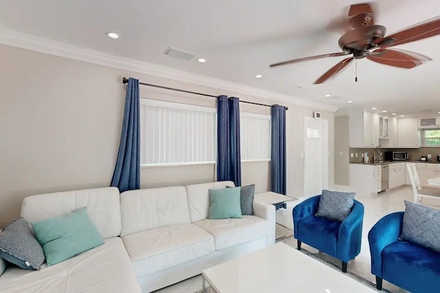 1760 Bel Air Ave, Lauderdale By The Sea, FL 33062 - living area with crown molding, a ceiling fan, and recessed lighting