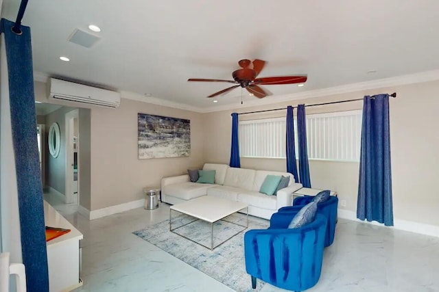 1760 Bel Air Ave, Lauderdale By The Sea, FL 33062 - living room with a wall mounted AC, ceiling fan, crown molding, and recessed lighting