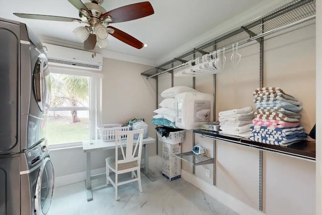 1760 Bel Air Ave, Lauderdale By The Sea, FL 33062 - washroom featuring stacked washer / dryer, a wall unit AC, a ceiling fan, and crown molding