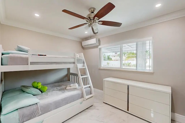 1760 Bel Air Ave, Lauderdale By The Sea, FL 33062 - bedroom with a wall unit AC, marble finish floors, recessed lighting, crown molding, and a ceiling fan