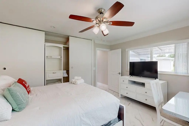 1760 Bel Air Ave, Lauderdale By The Sea, FL 33062 - bedroom with light marble finish flooring, a closet, a ceiling fan, and ornamental molding