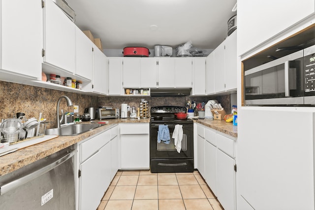 933 S Ridge St, Lake Worth Beach, FL 33460 - kitchen featuring black range with electric stovetop, dishwasher, a sink, under cabinet range hood, and light tile patterned floors