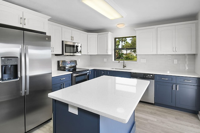 1402 Nebraska Ave Unit 3B, Fort Pierce, FL 34950 - kitchen with stainless steel appliances, a sink, blue cabinetry, white cabinetry, and light wood-style floors