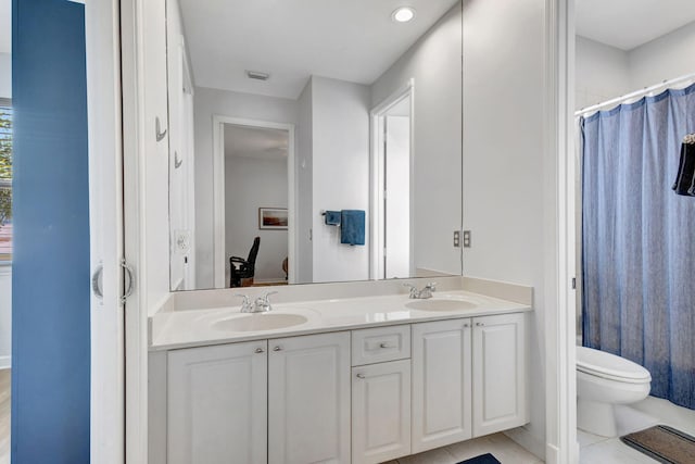 106 Sedona Way, Palm Beach Gardens, FL 33418 - full bathroom featuring toilet, double vanity, a shower with curtain, and tile patterned floors