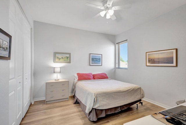 106 Sedona Way, Palm Beach Gardens, FL 33418 - bedroom featuring a closet, light wood-type flooring, baseboards, and ceiling fan