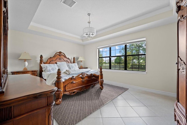 10557 Pisa Rd, Wellington, FL 33414 - bedroom featuring a chandelier, a raised ceiling, light tile patterned floors, and baseboards