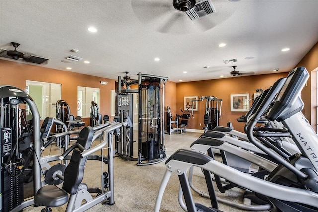 10557 Pisa Rd, Wellington, FL 33414 - workout area featuring ceiling fan, recessed lighting, and a textured ceiling