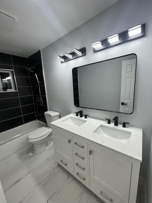 1720 SW 13th St, Boca Raton, FL 33486 - full bathroom featuring toilet, tub / shower combination, double vanity, and marble look tile flooring