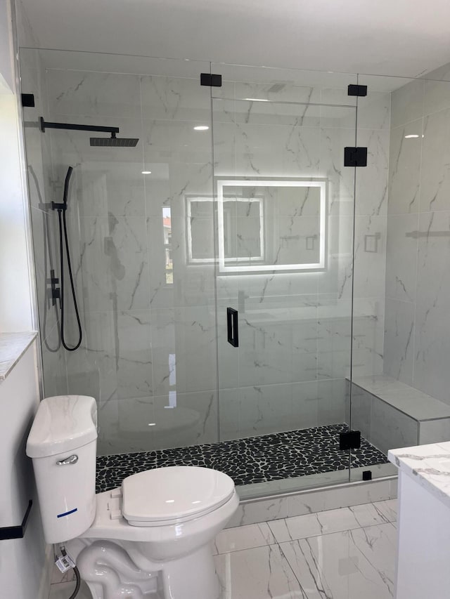 1720 SW 13th St, Boca Raton, FL 33486 - full bath featuring toilet, marble look tiles, a marble finish shower, and vanity