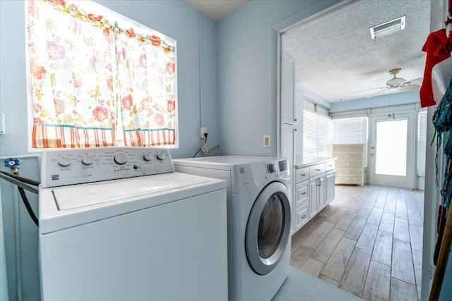 71 S Las Olas Dr, Jensen Beach, FL 34957 - laundry room with washing machine and dryer, ceiling fan, light wood-type flooring, and a textured ceiling