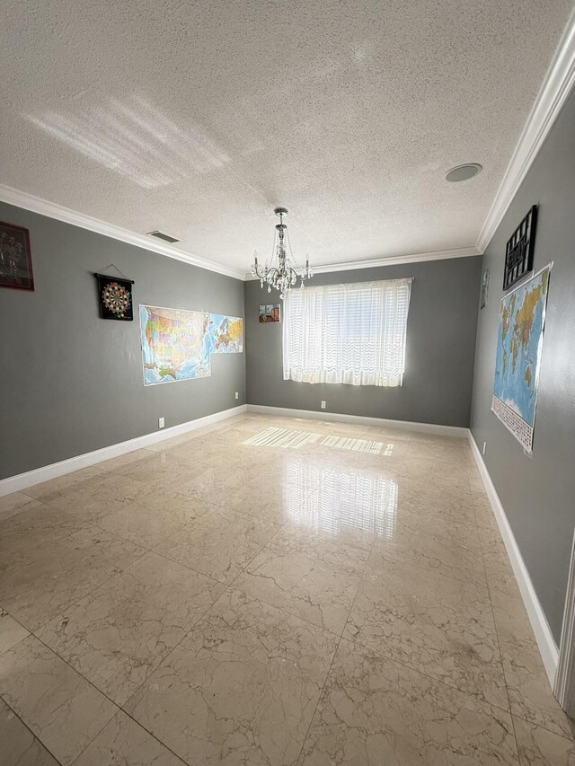 257 SW 5th St, Boca Raton, FL 33432 - unfurnished room with ornamental molding, a chandelier, a textured ceiling, baseboards, and marble finish floors