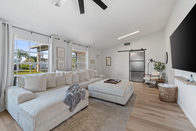 5157 Canal Cir S, Lake Worth, FL 33467 - living area featuring a barn door, vaulted ceiling, a ceiling fan, and light wood finished floors