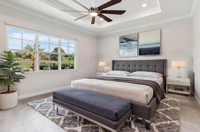 822 Hookline Cir, Loxahatchee, FL 33470 - bedroom with crown molding, a raised ceiling, light tile patterned flooring, recessed lighting, and baseboards