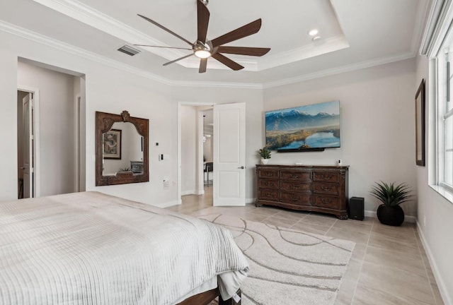 822 Hookline Cir, Loxahatchee, FL 33470 - bedroom with light tile patterned floors, baseboards, crown molding, a raised ceiling, and a ceiling fan