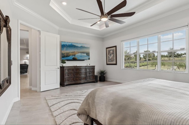 822 Hookline Cir, Loxahatchee, FL 33470 - bedroom with a tray ceiling, ornamental molding, light tile patterned flooring, baseboards, and a ceiling fan