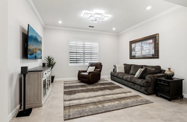 822 Hookline Cir, Loxahatchee, FL 33470 - living area with crown molding, light tile patterned floors, recessed lighting, and baseboards
