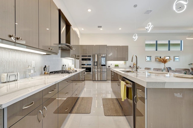 5320 Saint Armands Way, Westlake, FL 33470 - kitchen with a sink, modern cabinets, gray cabinetry, stainless steel appliances, and backsplash