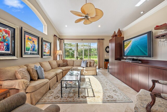 living room with crown molding, ceiling fan, recessed lighting, and vaulted ceiling