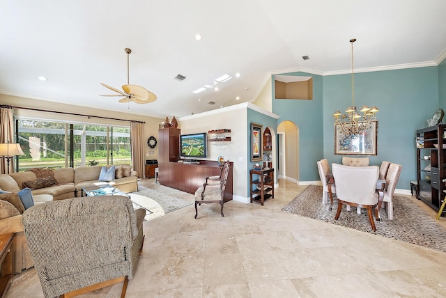 living area featuring arched walkways, crown molding, a chandelier, lofted ceiling, and a ceiling fan