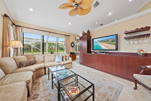 living area featuring ornamental molding, ceiling fan, and recessed lighting
