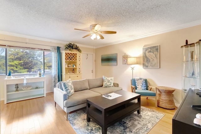 living area with a textured ceiling, ceiling fan, crown molding, and light wood finished floors