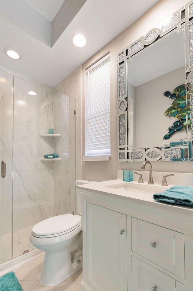 full bath with toilet, a marble finish shower, vanity, and recessed lighting