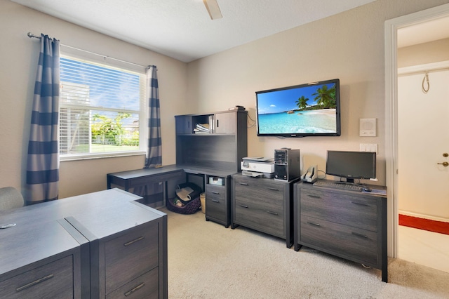 office space with light carpet and a ceiling fan