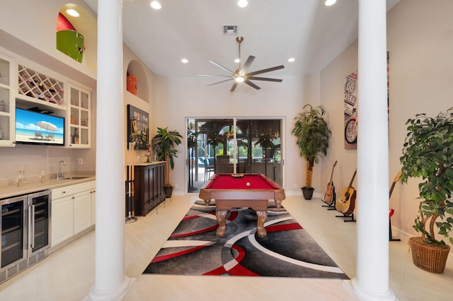 recreation room featuring wine cooler, wet bar, ceiling fan, recessed lighting, and billiards table