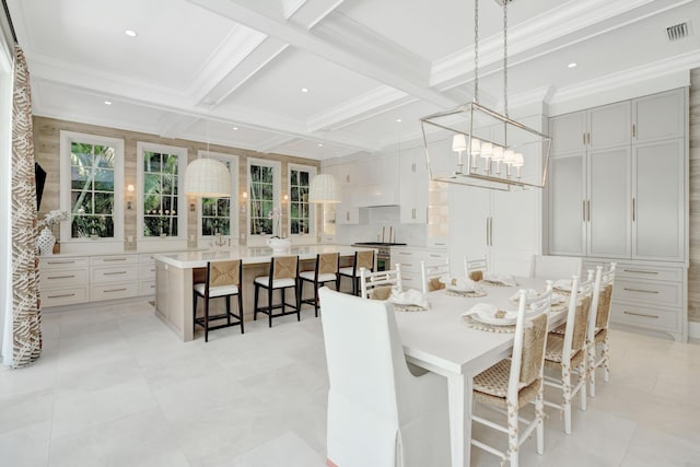 dining room with beamed ceiling, crown molding, coffered ceiling, a chandelier, and recessed lighting