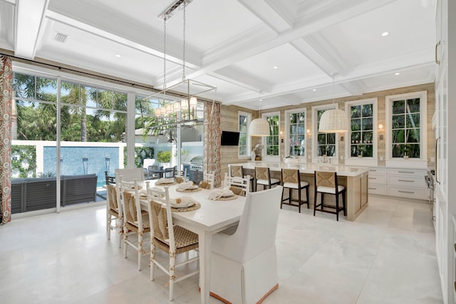 dining area featuring coffered ceiling, beam ceiling, and recessed lighting