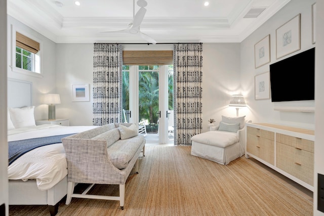 bedroom featuring multiple windows, access to outside, ornamental molding, and recessed lighting