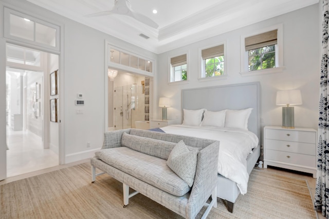 bedroom featuring ornamental molding, ensuite bathroom, and recessed lighting