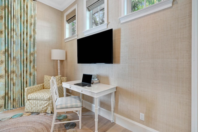 office featuring ornamental molding and wood finished floors