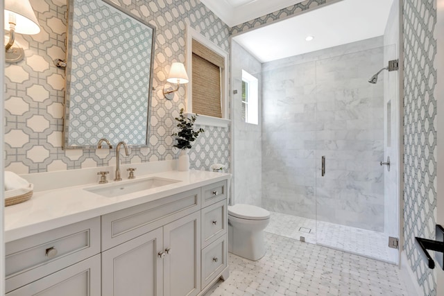 full bath featuring a shower stall, wallpapered walls, toilet, and vanity