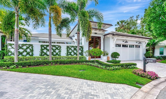 view of front of home with decorative driveway, a garage, and stucco siding