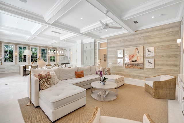 living room with coffered ceiling, ceiling fan, crown molding, beamed ceiling, and recessed lighting