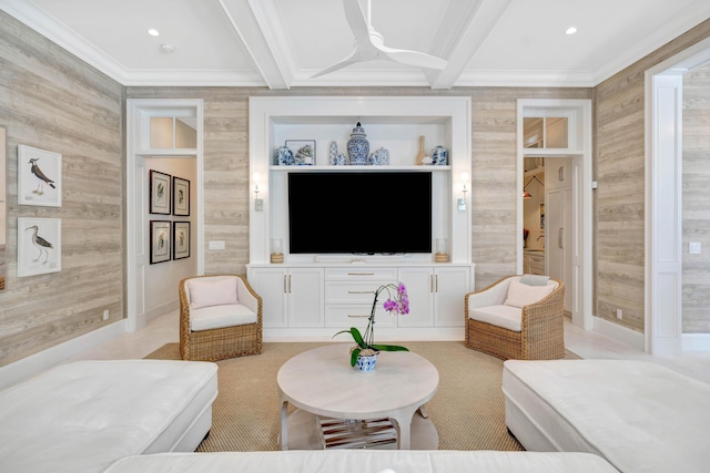 living room with ornamental molding, wooden walls, and beamed ceiling