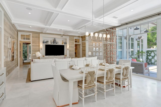 dining room featuring coffered ceiling, beamed ceiling, and crown molding