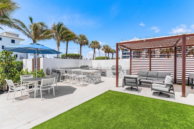 3000 S Ocean Blvd Unit 6010, Boca Raton, FL 33432 - view of patio / terrace with an outdoor living space, a pergola, and a bar