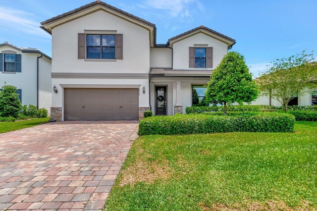 4646 Eventing St, Lake Worth, FL 33467 - traditional-style house with stucco siding, decorative driveway, an attached garage, a front lawn, and stone siding