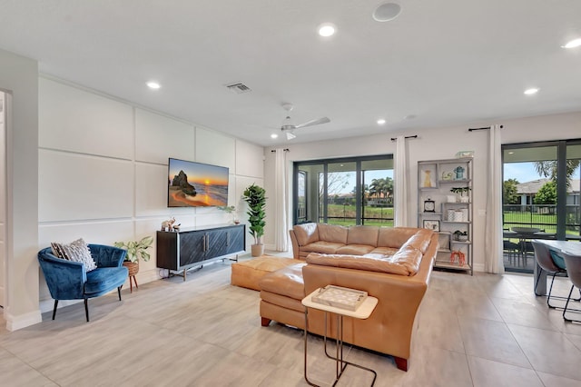 4646 Eventing St, Lake Worth, FL 33467 - living area with recessed lighting, a ceiling fan, and light tile patterned flooring