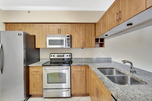 6510 Emerald Dunes Dr Unit 302, West Palm Beach, FL 33411 - kitchen featuring appliances with stainless steel finishes, a sink, crown molding, light tile patterned flooring, and light stone countertops