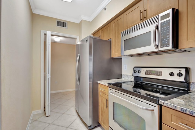 6510 Emerald Dunes Dr Unit 302, West Palm Beach, FL 33411 - kitchen featuring appliances with stainless steel finishes, ornamental molding, light brown cabinetry, and light stone counters