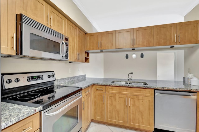 6510 Emerald Dunes Dr Unit 302, West Palm Beach, FL 33411 - kitchen with stainless steel appliances, a sink, light stone countertops, crown molding, and light tile patterned floors
