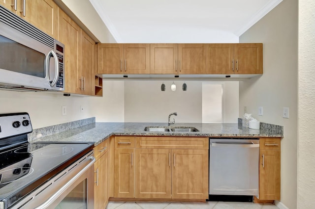 6510 Emerald Dunes Dr Unit 302, West Palm Beach, FL 33411 - kitchen with appliances with stainless steel finishes, a sink, ornamental molding, light stone countertops, and light tile patterned flooring