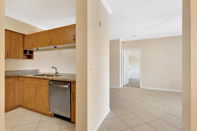 6510 Emerald Dunes Dr Unit 302, West Palm Beach, FL 33411 - kitchen with dishwasher, a sink, ornamental molding, stone counters, and light tile patterned floors