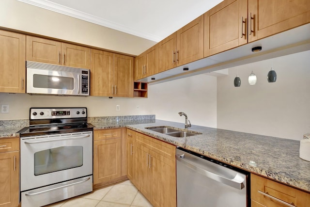 6510 Emerald Dunes Dr Unit 302, West Palm Beach, FL 33411 - kitchen featuring appliances with stainless steel finishes, a sink, light stone countertops, light tile patterned flooring, and crown molding