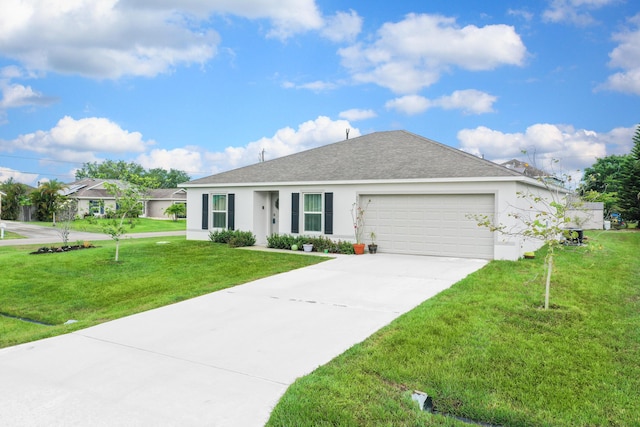 ranch-style house featuring stucco siding, a front lawn, concrete driveway, and a garage