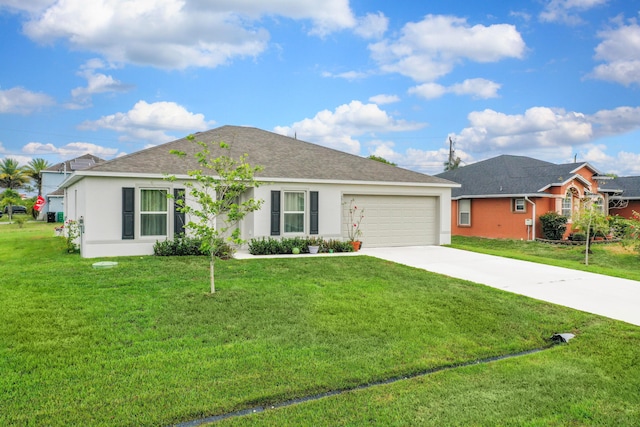 single story home with driveway, a garage, a front lawn, stucco siding, and a shingled roof